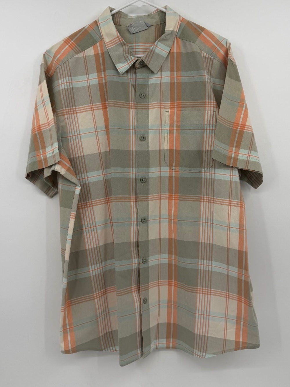 Columbia Shirt Men XL Beige Orange Plaid Button Up Short Sleeve Cotton Casual
